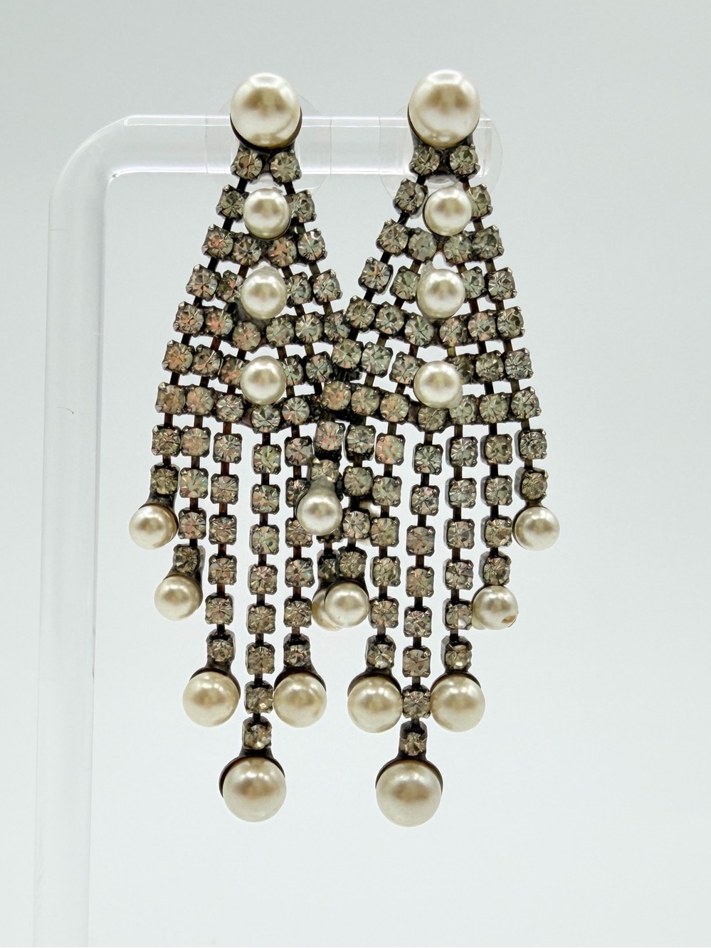 Rhinestone & Faux Pearl Chandelier Dangle Statement Earrings